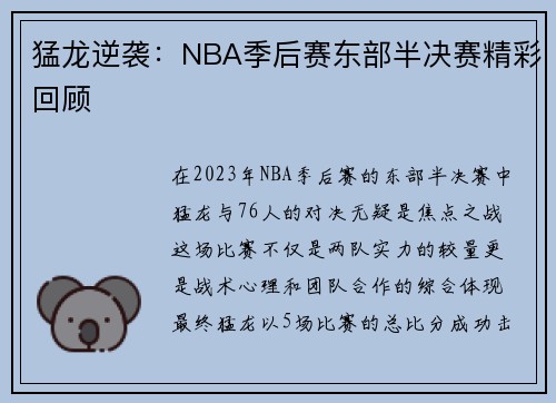 猛龙逆袭：NBA季后赛东部半决赛精彩回顾